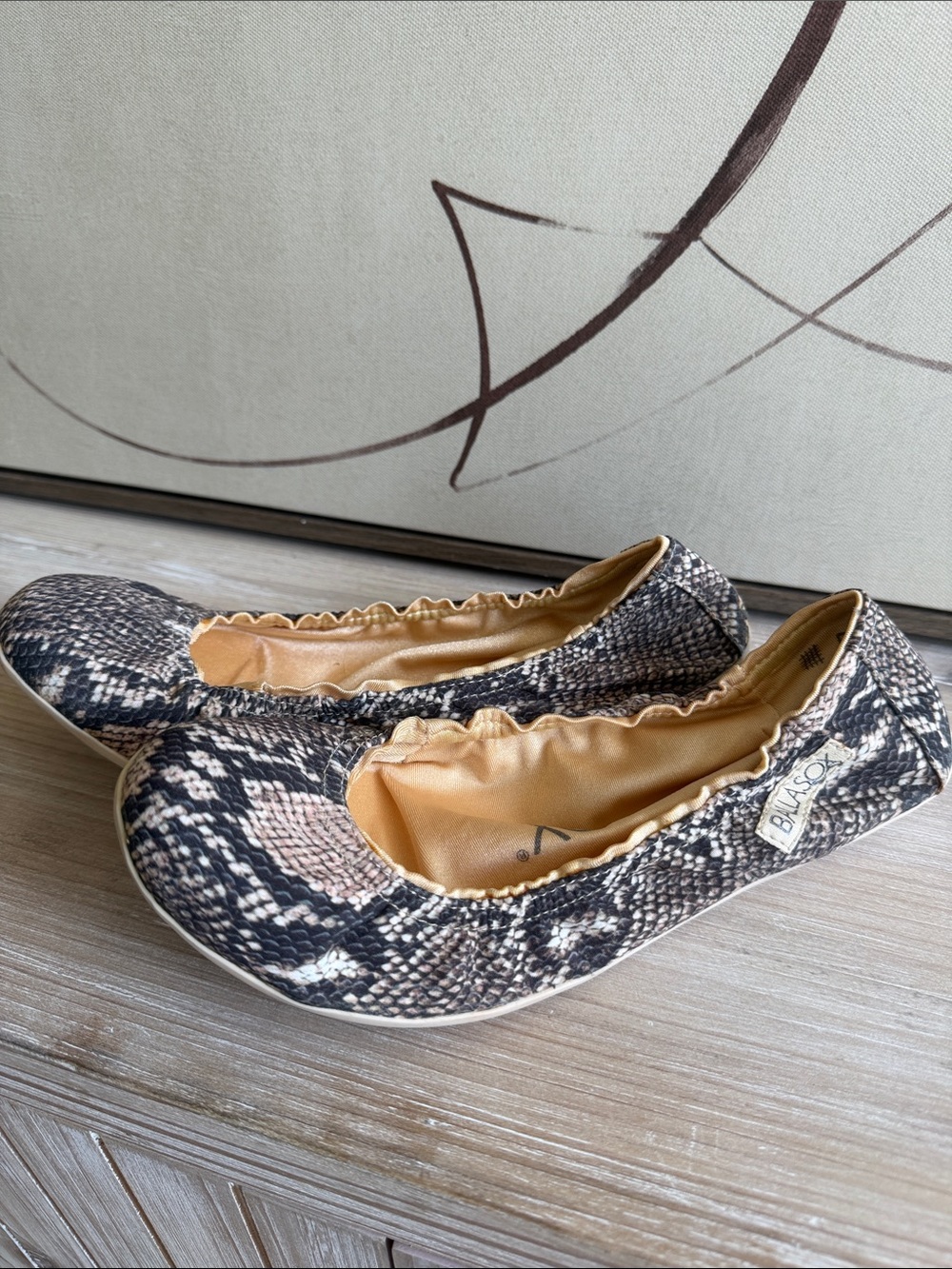 NWOT BALLASOX Snake-Print Elastic-Top Ballet Flats in Black and Brown